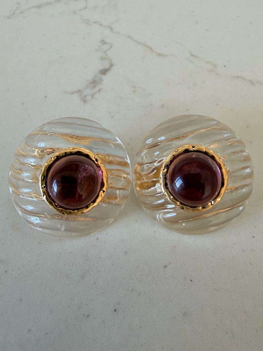 Vintage Chanel Clear Gripoix Glass Clip-On Earrings w/ Purple Cabochon CC Detail - Picture 5 of 10